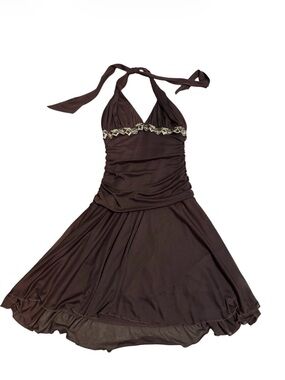 Vintage City Triangles Y2K Brown Halter Cocktail Dress with Embellishments Sz L